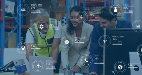 Poster - Animation of data processing over diverse supervisors and workers discussing together at warehouse