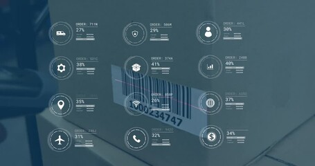 Poster - Animation of data processing against close up of a delivery box with barcode scanner at warehouse