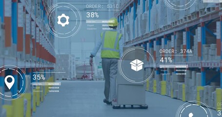 Poster - animation of data processing against rear view of male worker pulling a pallet truck at warehouse