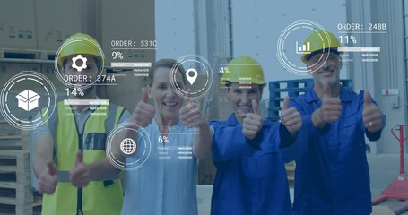 Poster - Animation of data processing over diverse supervisors and workers showing thumbs up at warehouse