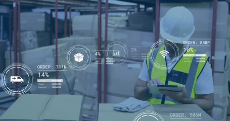 Poster - Animation of data processing against caucasian male worker using tablet checking stock at warehouse