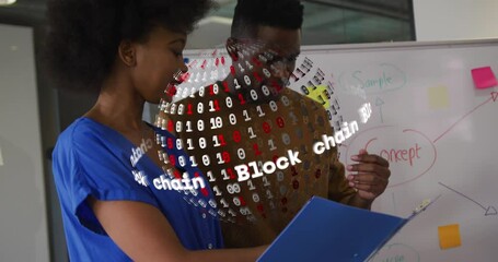 Poster - Animation of blockchain text over spinning globe against diverse man and woman discussing at office