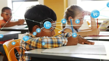 Poster - Animation of network of digital icons against biracial boy studying in the class at school
