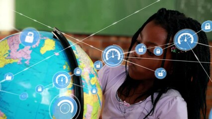 Poster - Animation of network of digital icons over diverse girls studying globe in geography class at school