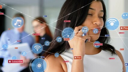 Poster - Animation of digital and social media icons over biracial woman talking on smartphone at office