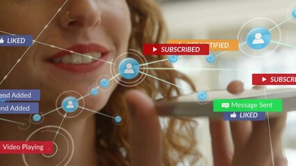 Poster - Animation of digital and social media icons over caucasian woman talking on smartphone at office