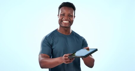 Poster - Personal trainer, black man and face with tablet for sign up, membership and gesture for gym contract. Portrait, male athlete and exercise with online info for training in studio with blue background