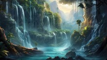 Beautiful Fantasy Scenery Landscape Background Of Waterfall In A Lush Jungle. Lake, Ancient Ruins & Cave In A Rain Forest Wallpaper. Generative AI Illustration. 