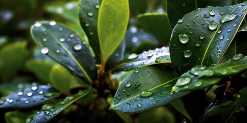 Fresh Green Leaves with Water Droplets. Close Up of Leaf with Raindrops