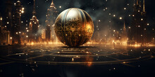   A City With A Giant Ball In The Middle,A Futuristic City With A Planet In The Middle,Gold And Black Background Art Decor,AI Generative 