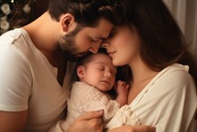 Generative AI : Close Up Portrait Of A Happy Young Family, Mother And Father, Hug And Kiss Their Cute Charming Newborn Baby.