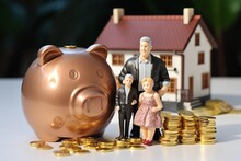 Generative AI : Money saving, first time asset / property buyer concept : Family couple, home model, piggy bank, dollar and tax bags, stacks of rising coins, depict budget planning for basic needs, pe