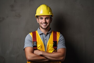 Poster - Generative AI : Studio portrait of young smiling man with crossed arms, construction worker engineer wearing safety equipment, hard hat, goggles and safety vest on the background of grey wall.