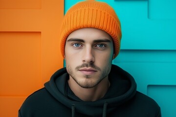 Wall Mural - Generative AI : Close-up studio portrait of young brunette handsome guy, with orange beanie hat, on the background of bright cyan wall.