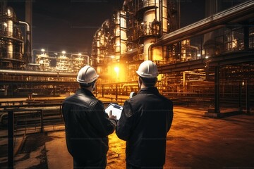 Fototapete - Generative AI : Two Heavy Industry Engineers Stand in Pipe Manufacturing Factory, Use Digital Tablet Computer, Have Discussion. Construction of Oil, Gas and Fuels Transport Pipeline. Back View Sparks 