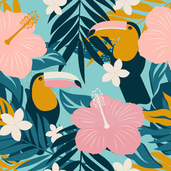 Canvas Print - Collage with toucans modern hibiscus flowers, plumeria and leaves form a seamless pattern. Exotic design for wrapping paper, fabric. Vector.