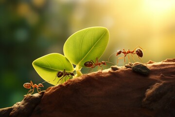 Poster - Generative AI : Ants carry the leaves back to build their nests, carrying leaves, close-up. sunlight background. Concept team work together.
