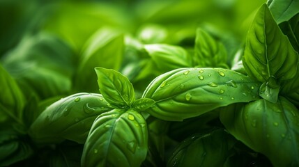 Aufkleber - Generative AI : close up of fresh green basil leaf