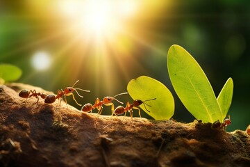 Poster - Generative AI : Ants carry the leaves back to build their nests, carrying leaves, close-up. sunlight background. Concept team work together.