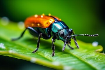 Poster - Generative AI : Close up a Shining Flea Beetle, Asphaera lustrans on green leaf and natrue blurred background, Orange-blue Narrow-necked Leaf Beetle, selective focus, macro insect Thailand.
