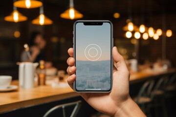 Poster - Generative AI : Back view close-up of young guy holding modern smartphone with mockup beside laptop on work desk.