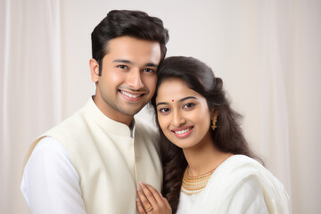 Canvas Print - Indian couple hugging to each other and smiling on white background.