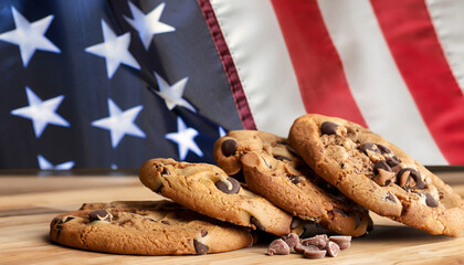 Chocolate chip cookies next to an American flag against a wooden background