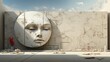A striking outdoor sculpture of a face carved into a stone wall beneath a cloudy sky, capturing the beauty of art in nature