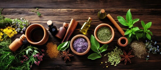 Wall Mural - Various herbal medicine options displayed in wooden bowls along with aromatherapy essential oils and tools on rustic wood backdrop