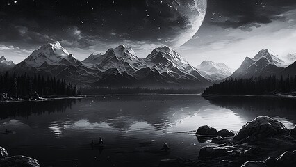 Wall Mural - A serene monochrome black and white landscape with full moon mountains, ocean, sky, and river. A breathtaking monochrome landscape of nature and the ocean's horizon.