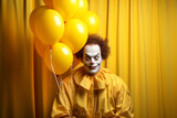 Scary serious clown with red balloon on isolated yellow studio background. Empty space place for text, copy paste. Concept of evil and fear. Halloween, 31 of October carnival