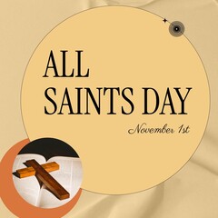 Canvas Print - Composite of november 1st, all saints day text in circle and wooden cross on bible