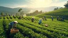 A Villagers Picking Tea Leaves, Tea Plantations On Northern Hills, Natural Farming Background In Asia.
