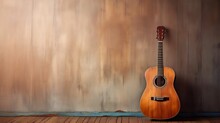 Acoustic Guitar On Wood Copy Space Background
