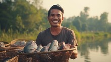 A Farmer Who Raises Fish In Cages Stands On A Fish Cage, He Smiles Happily With His Work