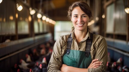 A female chicken farmer stands with his arms folded in the poultry shed, she smiles happily at her work.