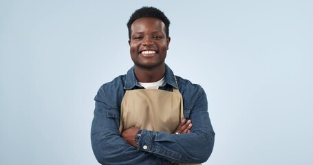 Sticker - Happy, black man and portrait with arms crossed in small business, cafe or blue background in studio. Entrepreneur, face or confident for startup, restaurant or working in service industry with smile