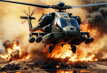 Military helicopter fly from explosion big fire. Generative AI