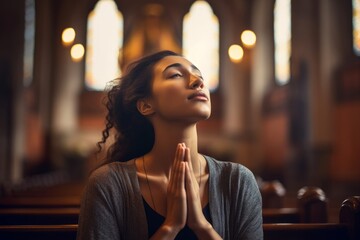 Young woman praying to god in church. Faith in religion and belief in God. Power of hope or love and devotion, Generative AI 