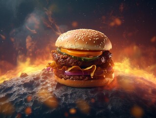 Wall Mural - A Delicious Burger with Universe Background. Hamburger