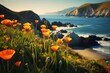 A beautiful craggy coastline with California Poppies. Post-processed digital AI art, Generative AI 