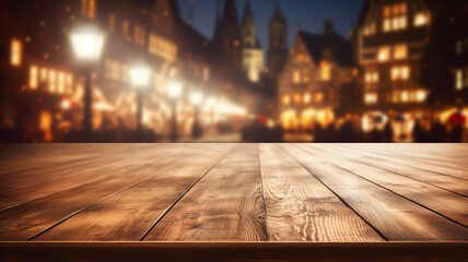 Empty rustic wooden table with european architecture city old classic  building, blurred bokeh lights background romantic atmosphere.