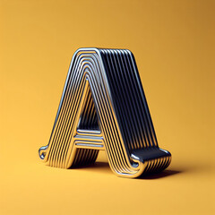 3D typography of the letter A on a yellow background. Chrome shiny texture, ridges, minimal