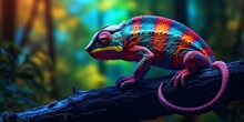 Colorful Chameleon Perched On A Tree Branch With Vibrant Neon Light Effect. Digital Art