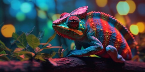 Wall Mural - Colorful Chameleon Perched on a Tree Branch with Vibrant Neon Light Effect. Digital Art