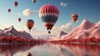 Smartphone lock screen with hot air balloon on landscape background. mobile phone onboard page with date and time.