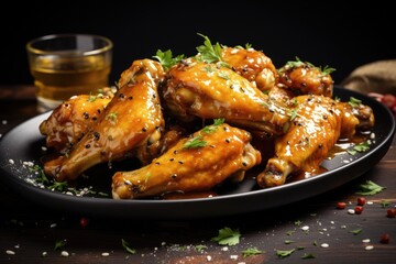 Baked chicken wings and legs in honey mustard sauce.