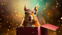 A Squirrel Popping Out Of A Birthday Gift Box With Excitement
