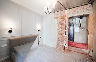 Old room with doorway and new renovated bedroom with bed, parquet floor and elegant interior design. Photo collage of apartment room before and after restoration or refurbishment.