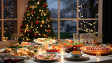 Fototapeta  - Christmas Dinner table full of dishes with food and snacks, New Year's decor with a Christmas tree on the background